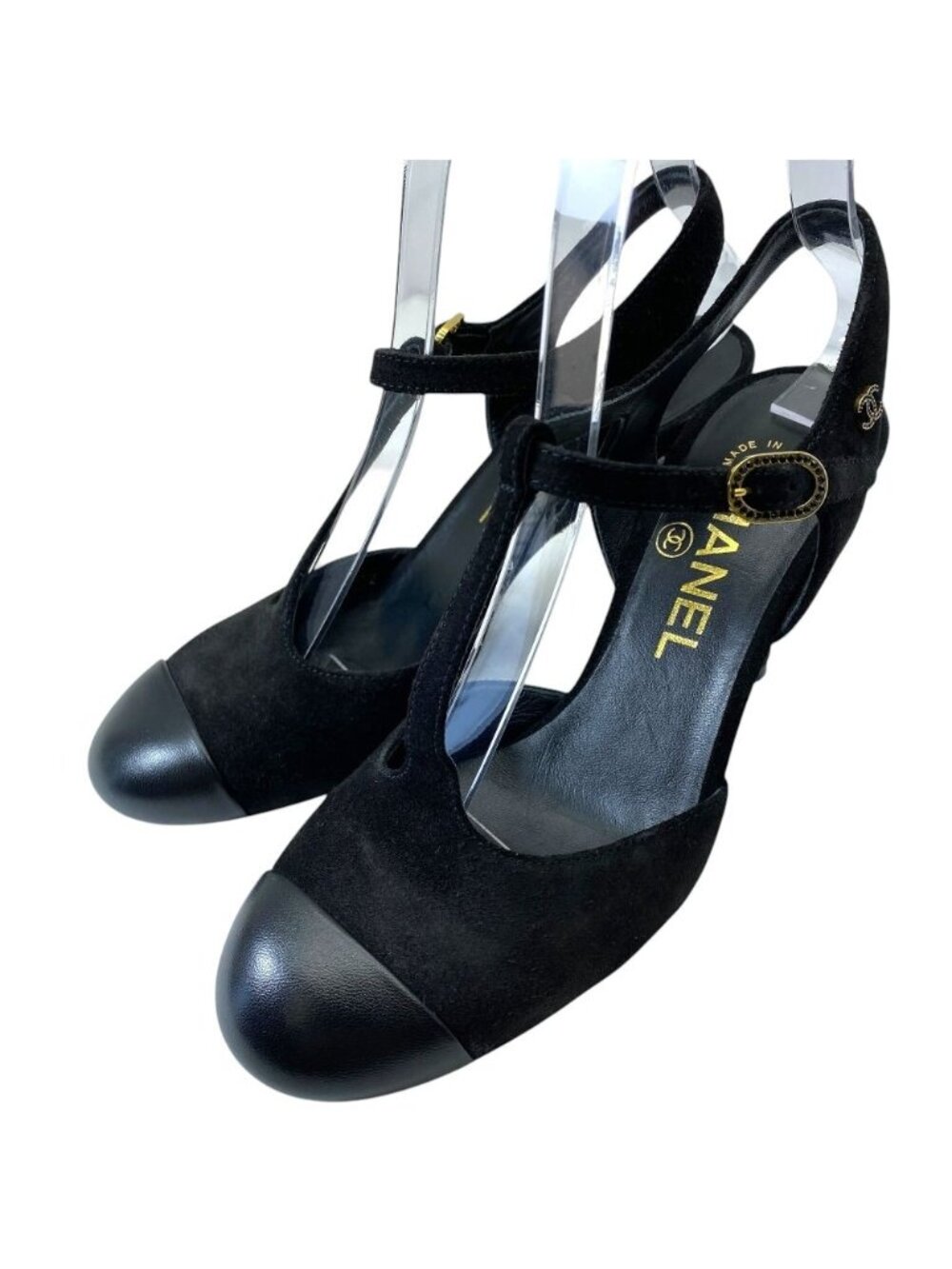 Chanel T Strap Pumps CC Logo Suede Leather Black Gold High Quality Daily